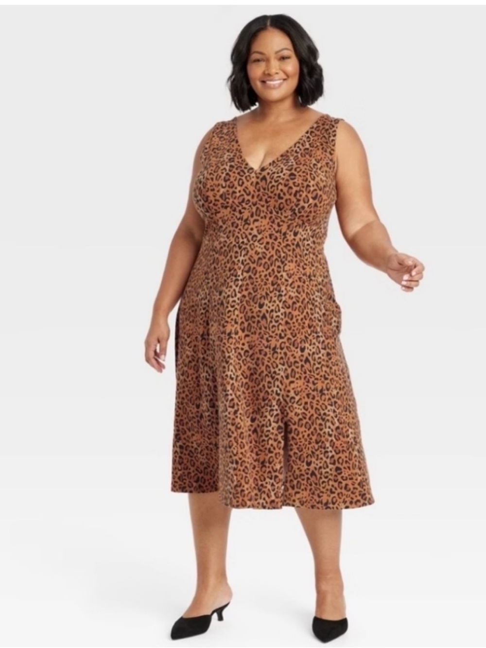 Plus-Size V-Neck Leopard Print Midi Dress in Brown